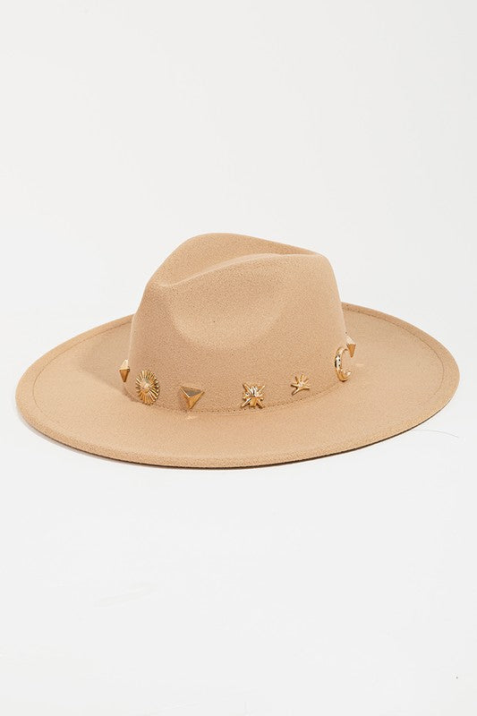 Tan Gold Studded Sun Moon Star Fedora Bohemian Western Hat