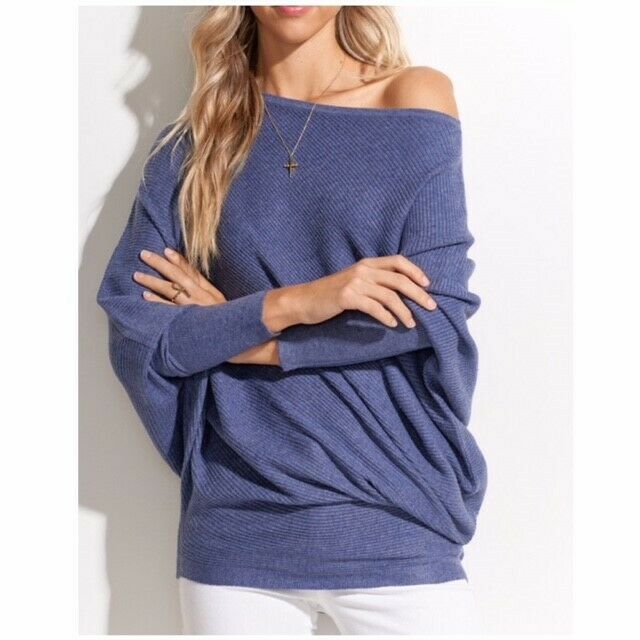 Indigo Slouchy Off The Shoulder Knit Oversized Sweater Casual Top Womens