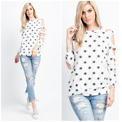 Star Print Top Open Cold Shoulder Long Sleeve White Black Casual