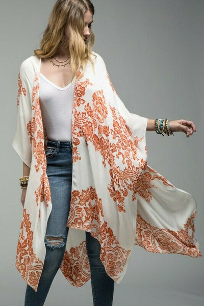 Rust Damask Floral Print Sheer Kimono Boho Womens Casual Wrap Coverup