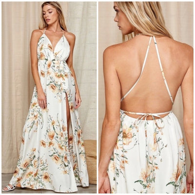 White Floral Print Halter Open Back Maxi Full Long Length Dress Gown W/ Slit