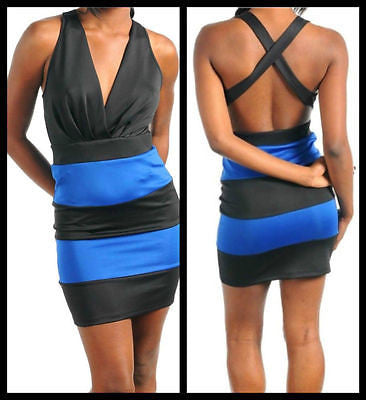Dress Striped Blue Black Bodycon Open Back X Strap Club Sexy Mini Bandage