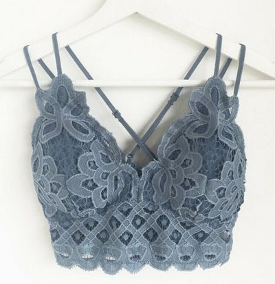Blue Stone Double Strap Scallop Crochet Lace Bralette Womens