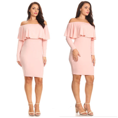 Plus Pink Off Shoulder Long Sleeve Bodycon Stretch Sexy Midi Dress