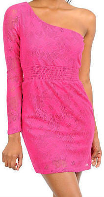 Mini Dress Sexy Casual Pink Lace One Shoulder Long Sleeve Floral Crochet