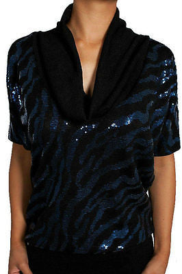 Cowl Mini Sequin Dress Blue Black Animal Print Sparkling Knit Club Party
