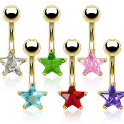 Gold Plated Prong CZ Cubic Zirconia Single Star Belly Navel Ring