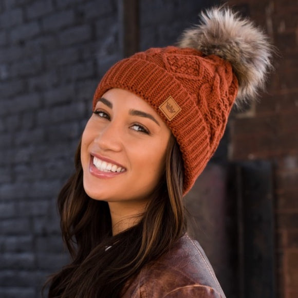 Rust Orange Cable Knit Faux Fur Pompom Fleece Lined Women's Winter Beanie Hat