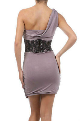 Dress One Shoulder Cocktail Corset Lace Jersey Shore Snooki Mini Taupe