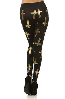 Sexy Club Gold Metallic Foil Crosses Fashion Long Full Length Stretch Leggings