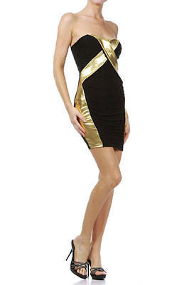 Dress Sexy Club Cocktail Gold Metallic Strapless Womens Mini Stretch Bodycon