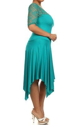 Plus Dress Lace Sweetheart Sexy Solid 3/4 Sleeve Asymmetrical Jade New
