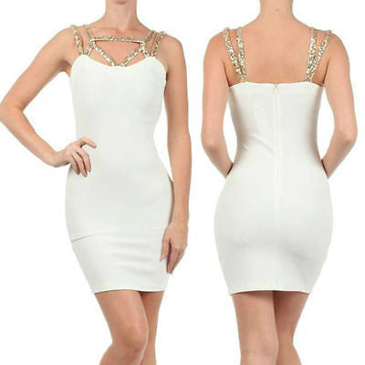 Dress Sexy Bodycon Gold Sequin Straps Cocktail New Ivory Party Womens