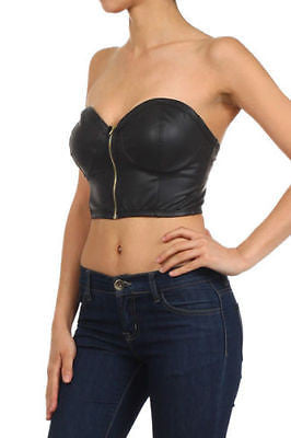 Faux Leather Crop Bustier Strapless Zipper Club Sexy Sweetheart