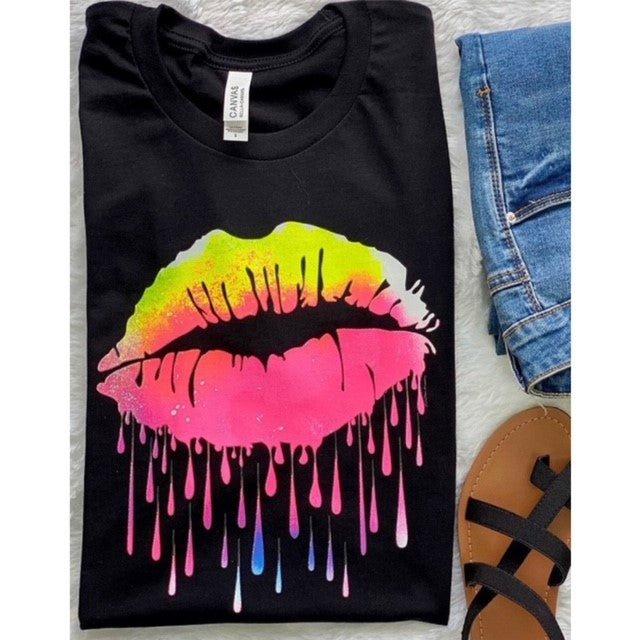 Black Neon Lips Mouth Dripping Graphic Tee T-Shirt Bella Womens Casual Top