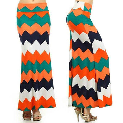 Skirt Maxi Full Length Chevron Summer High Waist Stretch Zig Zag Casual