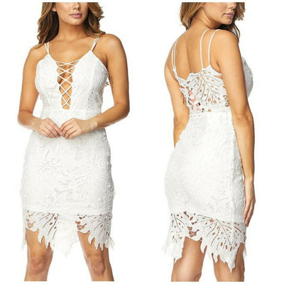 White Crochet Palm Midi Lace Cocktail Dress Womens Sexy