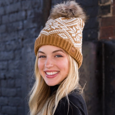 Camel Snowflake Fleece Lined Knit Pompom Beanie Winter Womens Hat