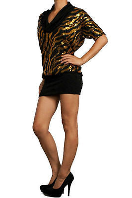 Cowl Mini Sequin Dress Gold Black Animal Print Sparkling Knit Club Party