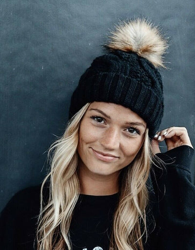 Black Cable Knit Beanie Hat w/ Faux Fur Pompom Casual Winter Womens One Size