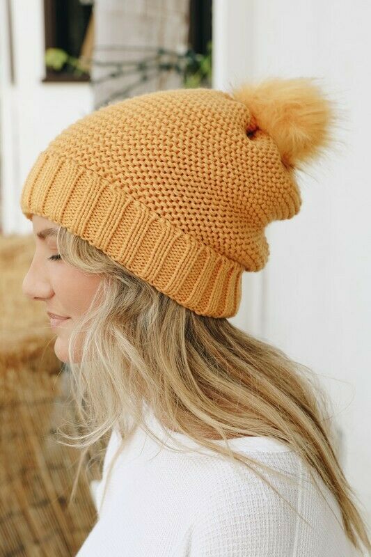 Mustard Pom Faux Sherpa Lined Knit Beanie Winter Womens Hat