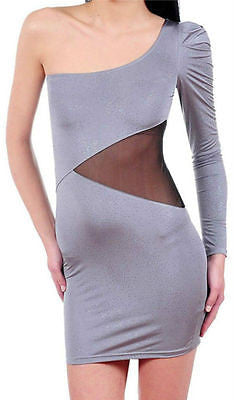 Dress Mini One Shoulder Shimmer Sparkle Gray See Thru Mesh Long Sleeve