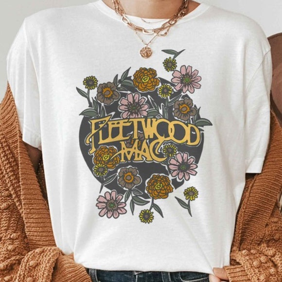 White Fleetwood Mac Stevie Nicks Floral Bella Canvas Relaxed Music Band Boho Tee