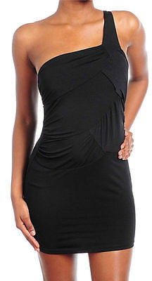 Dress One Shoulder Black Cocktail Club Sexy Stretch Party Womens Solid