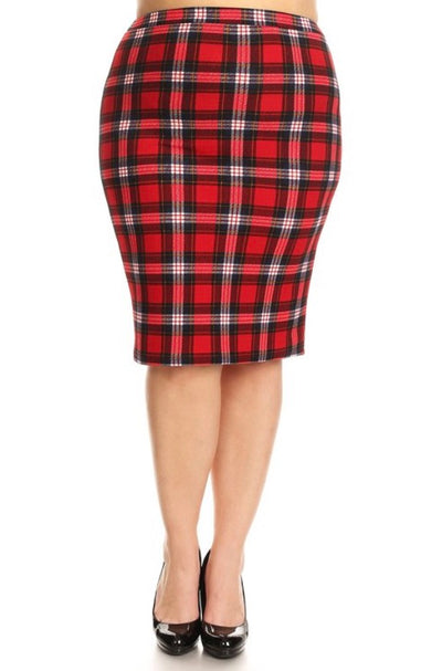 Red Navy Plaid Skirt High Waist Holiday Midi Stretch Pencil Plus