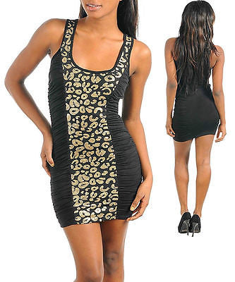 Dress Sequin Leopard Mini Gold Matte Animal Ruched Tank Sexy Club