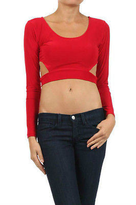 Top Midriff Crop Cut Outs Exposed Solid Blue Red Long Sleeve Sexy Hot