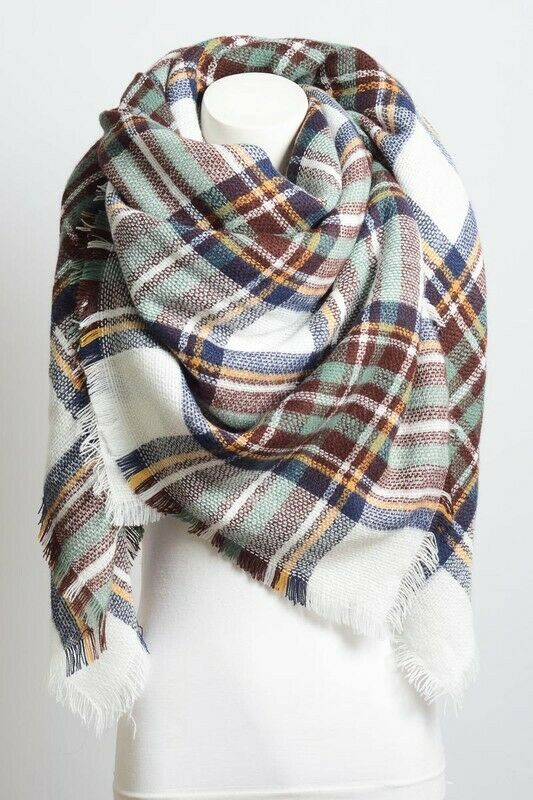 White Brown Mint Classic Plaid Blanket Scarf with Fringe
