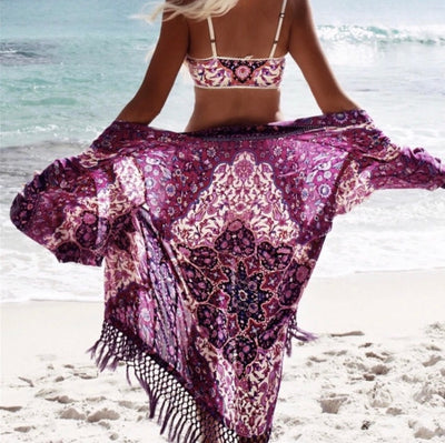 Purple Maroon Boho Tassel Beach Swimwear Cover Up Wrap