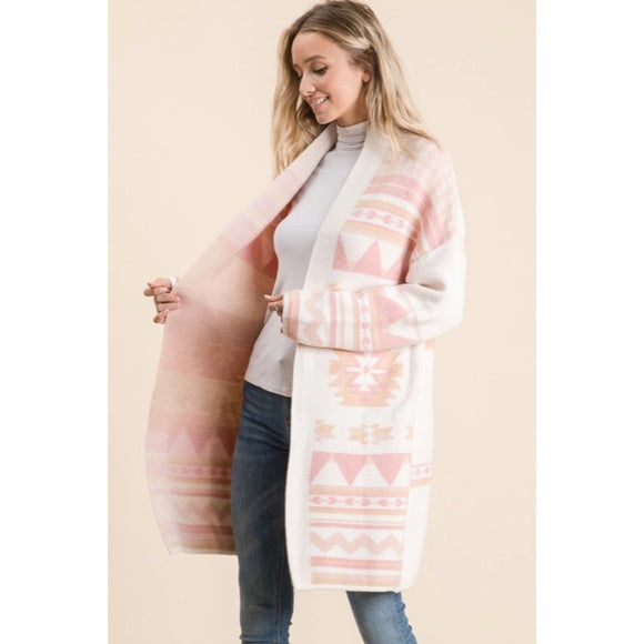 Ivory Pink Aztec Western Boho Print Blanket Cozy Knit Cardigan Sweater Women's