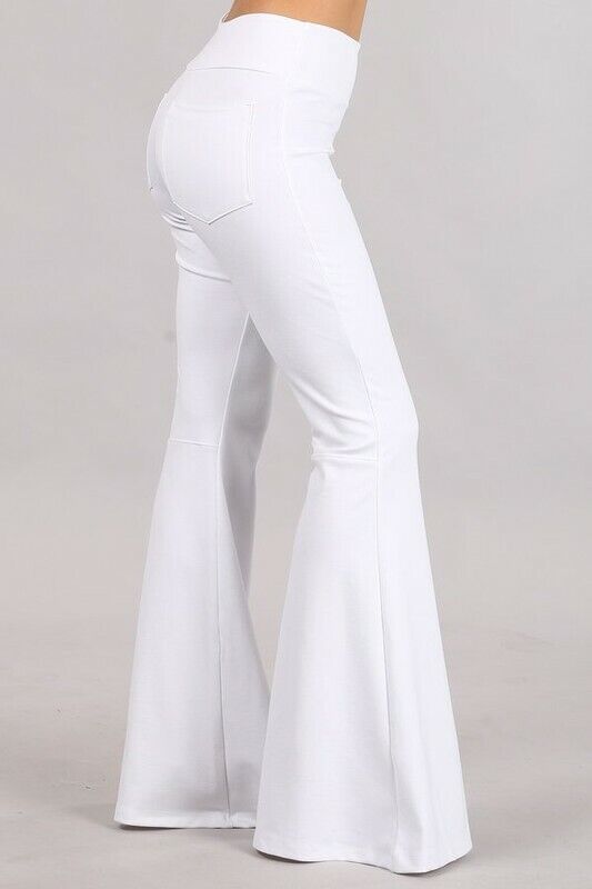 White Stretch Bell Flared Ponte Pull On Tummy Control Casual Boho Pants