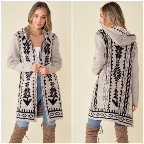 Oatmeal Aztec Rainbow Western Hooded Knit Cardigan Long Sleeve Open Sweater