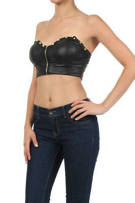 Bandeau Top Metallic Studded Faux Leather Black Silver Zipper Top Sexy