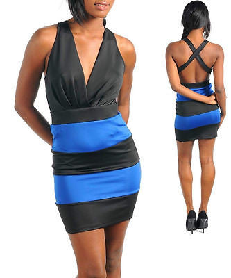 Dress Striped Blue Black Bodycon Open Back X Strap Club Sexy Mini Bandage