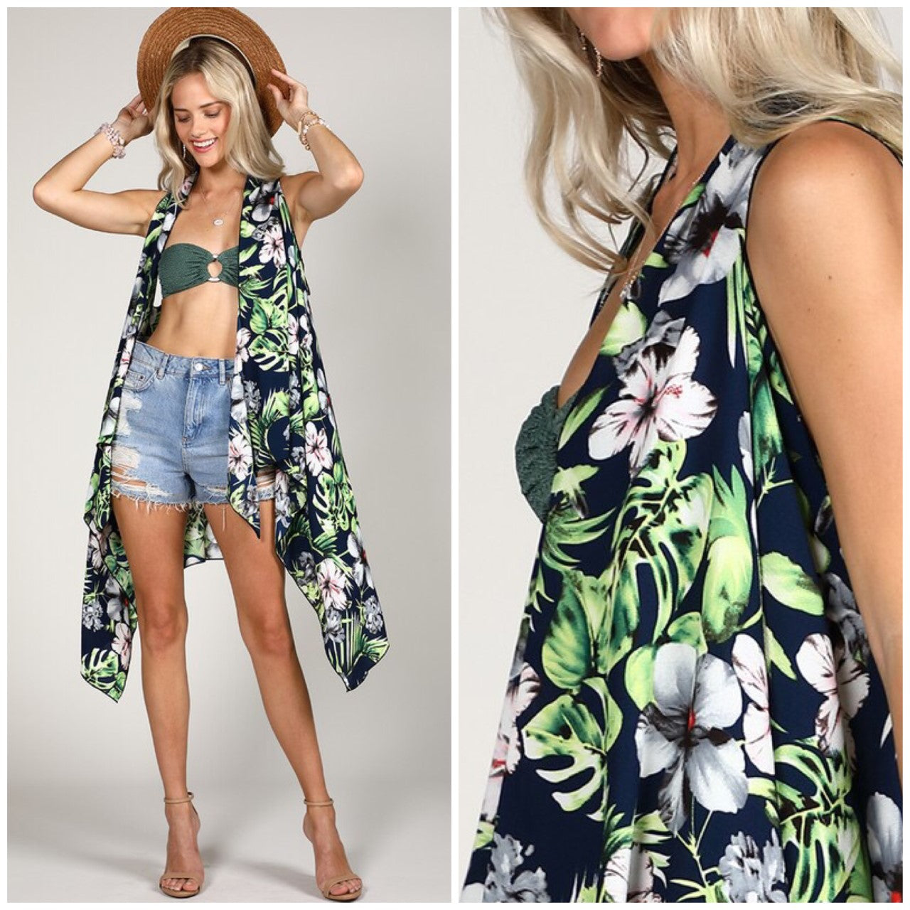 Navy Tropical Floral Leaf Handkerchief Vest Casual Top Womens One Size
