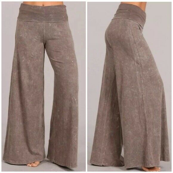 Taupe Mineral Wash Wide Led Foldover Over Waistband Casual Boho Womens Pants