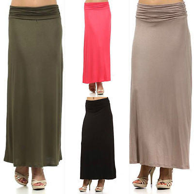 Skirt Maxi Full Length Long Solid Soft Stretch Ruched Waist