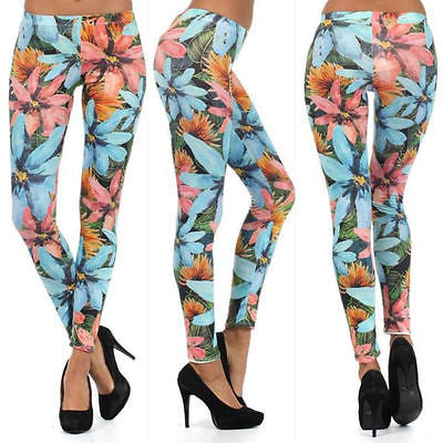 Leggings Floral Multi Color Bright Summer Casual Stretch Skinny Pants