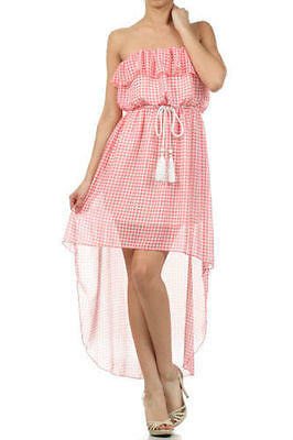 Dress Sheer Chiffon Hi Low Hem Checkered Flounce Strapless Summer Pink