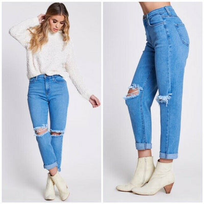 High Rise Busted Ripped Knee Mom Boyfriend Jeans Casual Womens