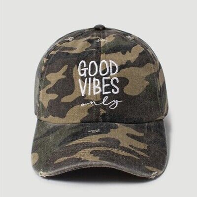 Good Vibes Only Green Olive Camouflage Camp Army Baseball Cap Hat Women's Casual
