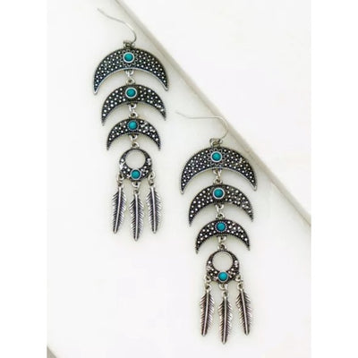 Triple Crescent Feather Turquoise Stone Earrings