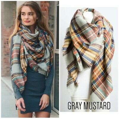 Gray & Mustard Classic Plaid Blanket Scarf with Fringe Womens