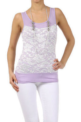 Tank Top Sleeveless Lavender Lace Spring Necklace Womens Fashion Girly