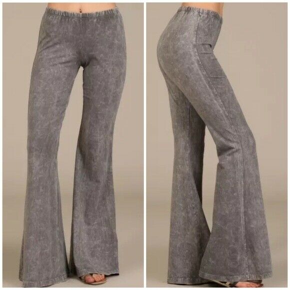 Taupe Gray Boho Mineral Wash Flared Bell Bottom Stretch Pull On Pants Womens