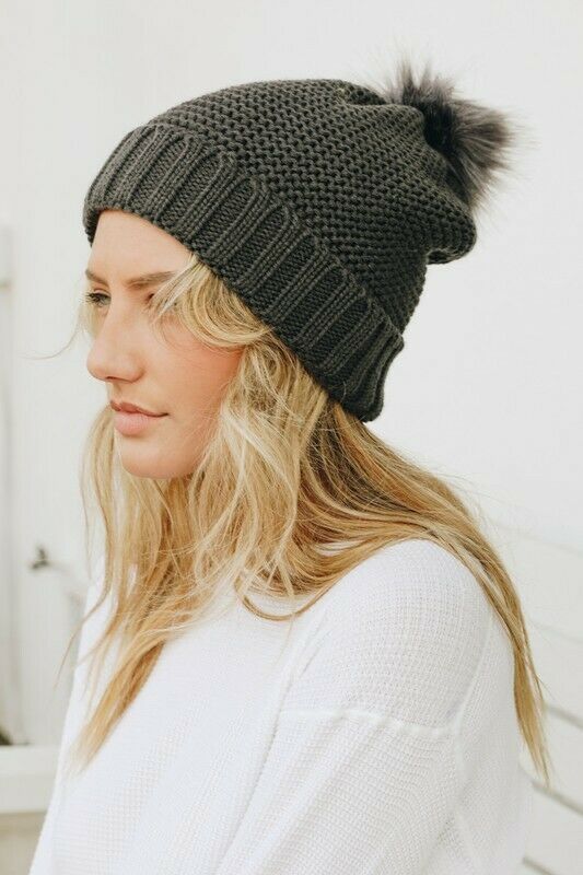 Olive Pom Faux Sherpa Lined Knit Beanie Winter Womens Hat